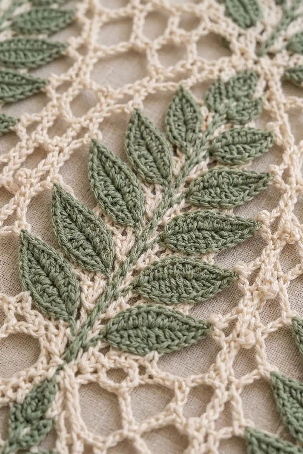 Sage green crocheted leaves with detailed stitching against a cream lacy background, showing the textured crochet work in detail.