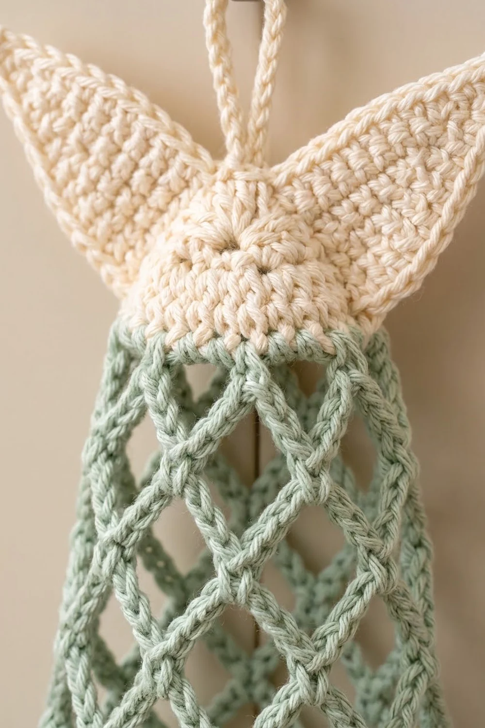 Crocheted cream bunny ears and sage green diamond-patterned basket connected with a twisted rope handle.