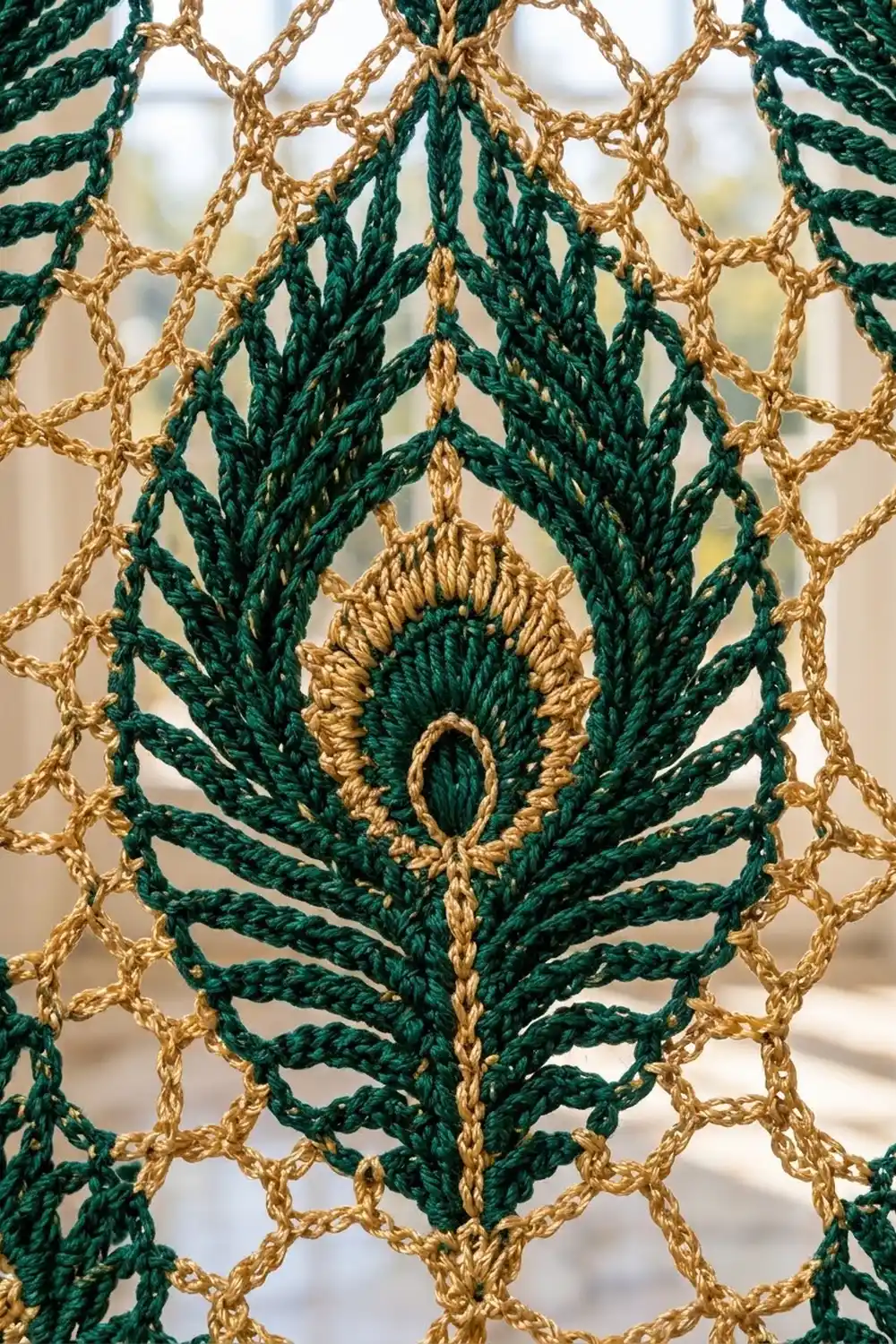 Ornate crocheted doily with deep green leaf motifs and gold-tone lacy framework against a soft, blurred background.