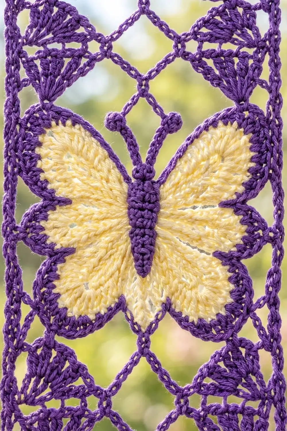 Yellow crocheted butterfly centered in purple lattice with leaf details against blurred green outdoor background.