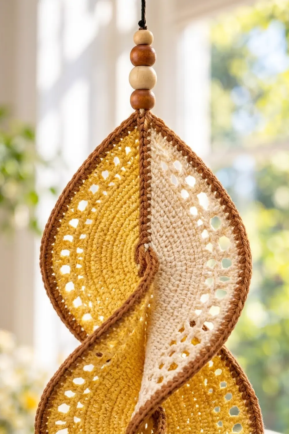 Crocheted teardrop ornament in mustard yellow and cream with openwork pattern, wooden bead accent, hanging before a sunny window.