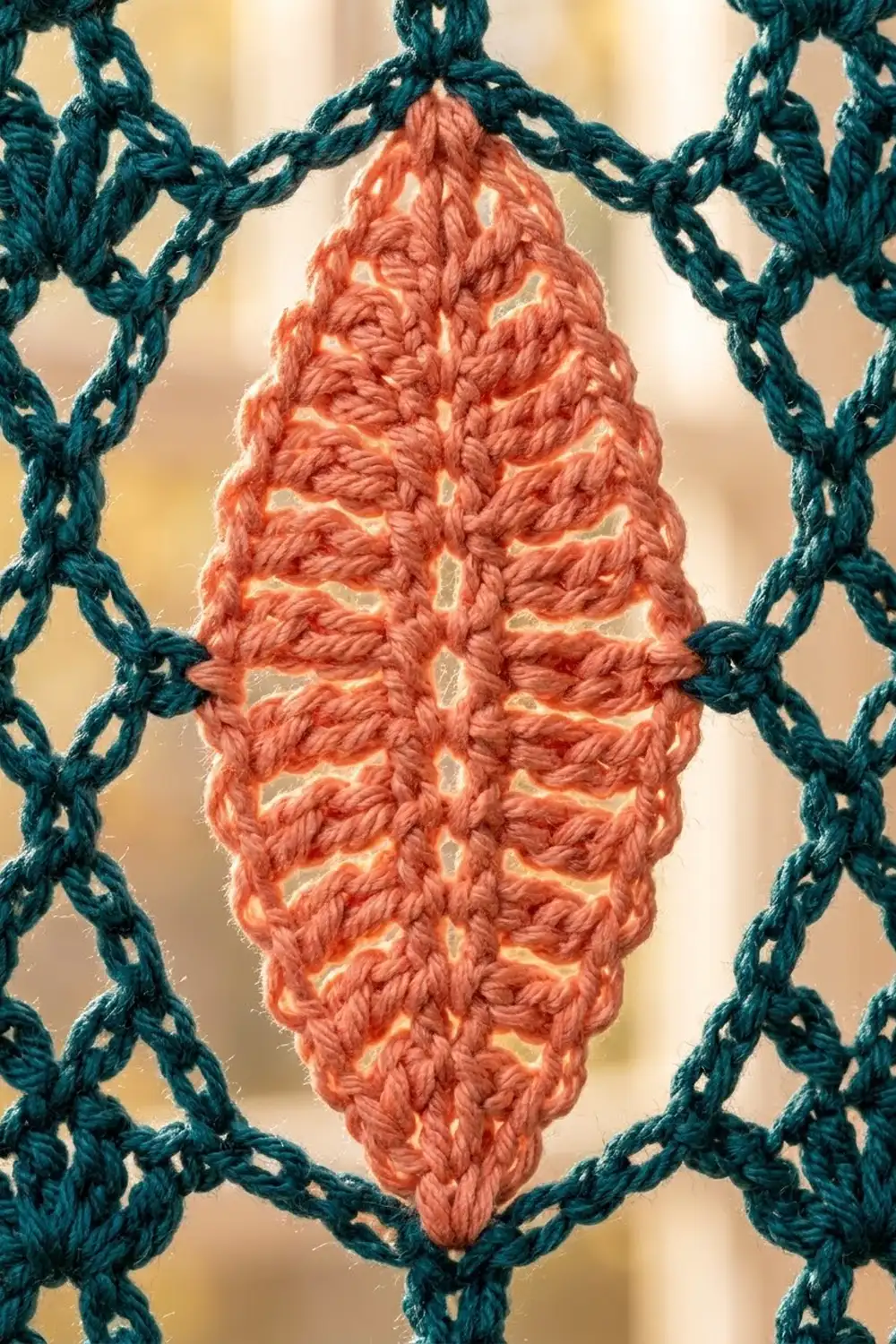 Coral crocheted leaf ornament suspended in dark teal chainwork with warm blurred background.