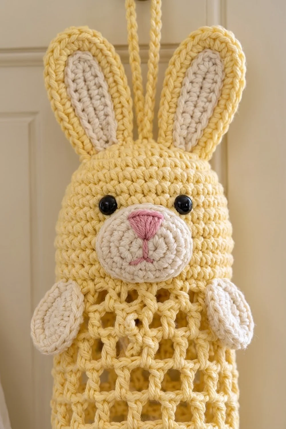 Pale yellow crocheted bunny with pink nose, black eyes, and cream-colored inner ears against a neutral beige wall.