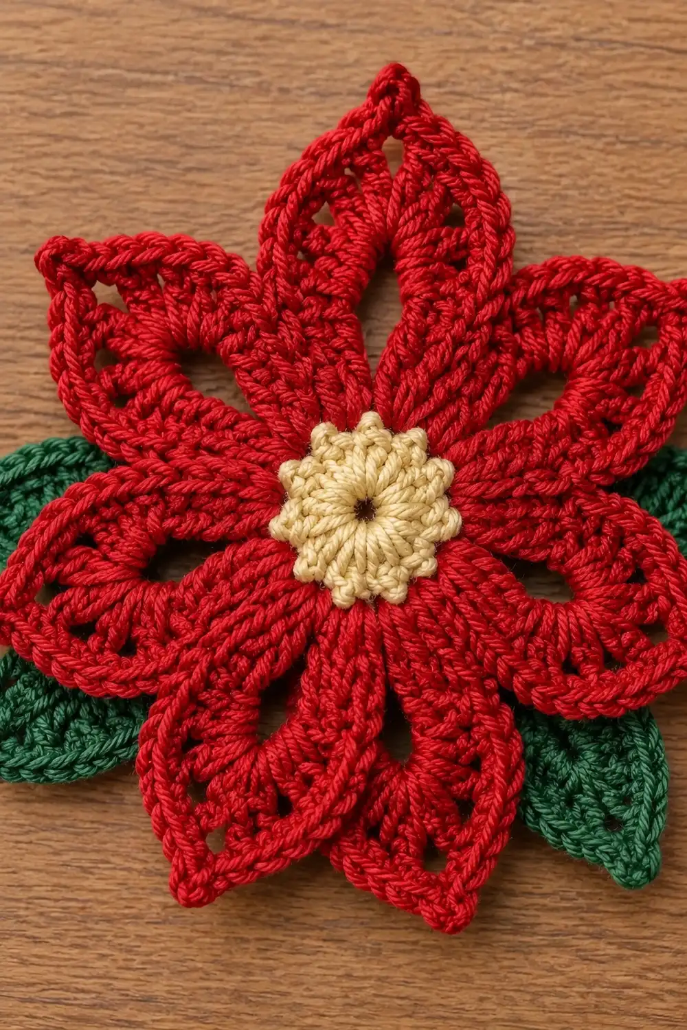 A handmade red crochet poinsettia flower with cream center and green leaves on wooden background.