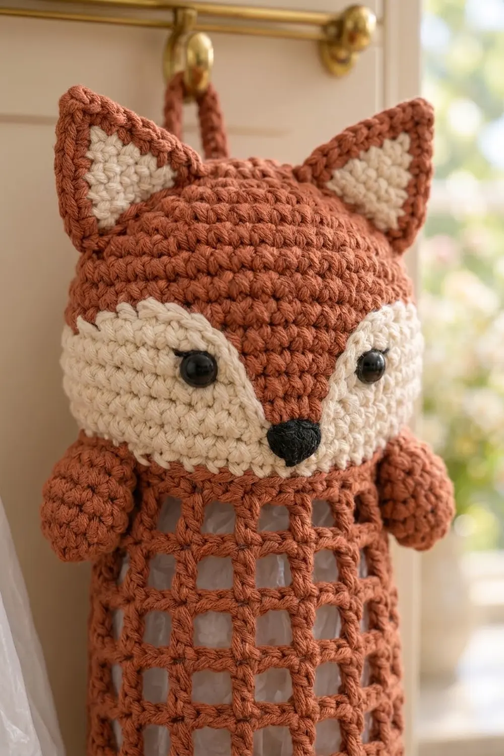 Crocheted fox with rust and cream coloring and openwork body hanging from brass hardware by a window.