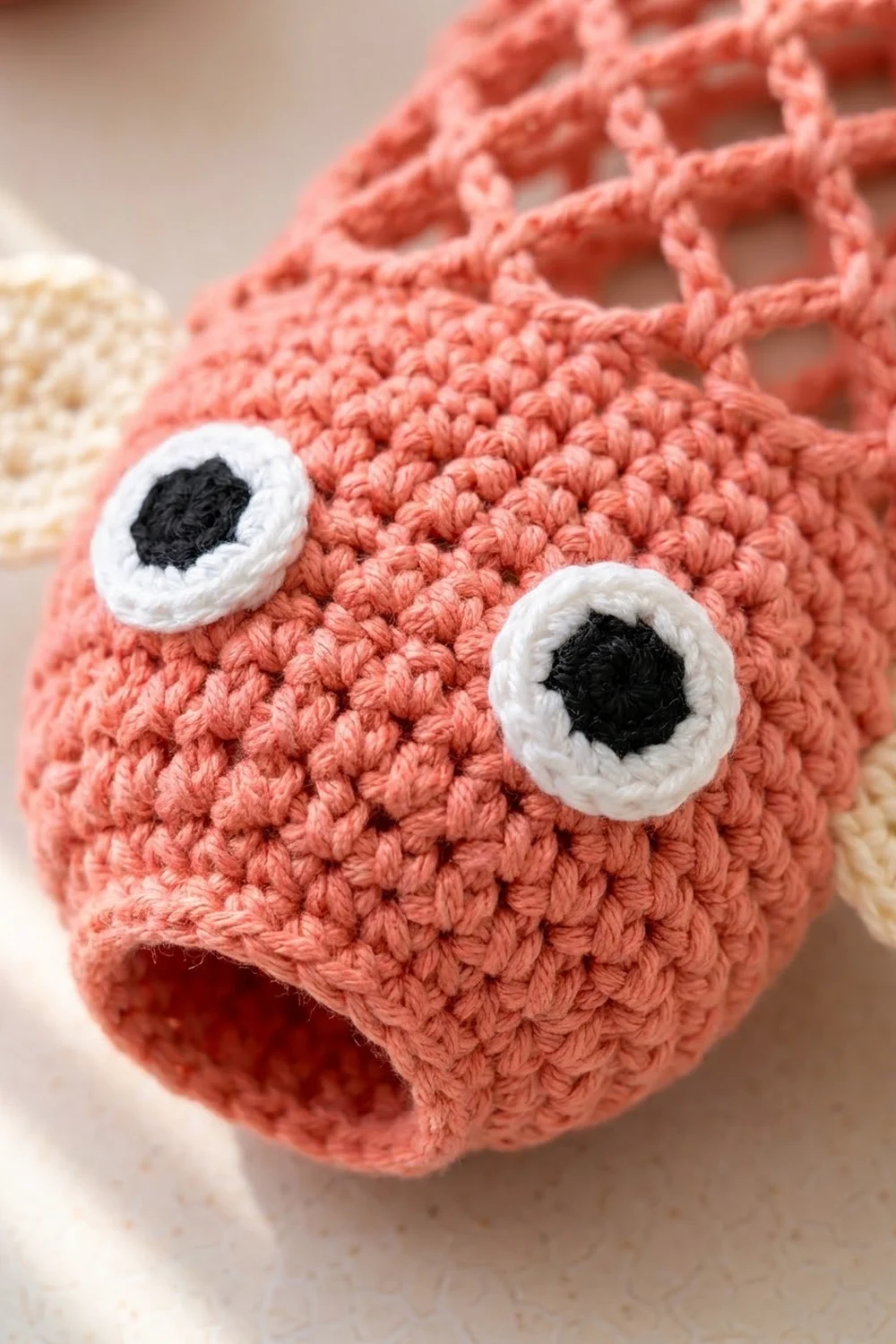 Coral-pink crocheted amigurumi toy with large white-rimmed black eyes in close-up detail against a soft, blurred background.