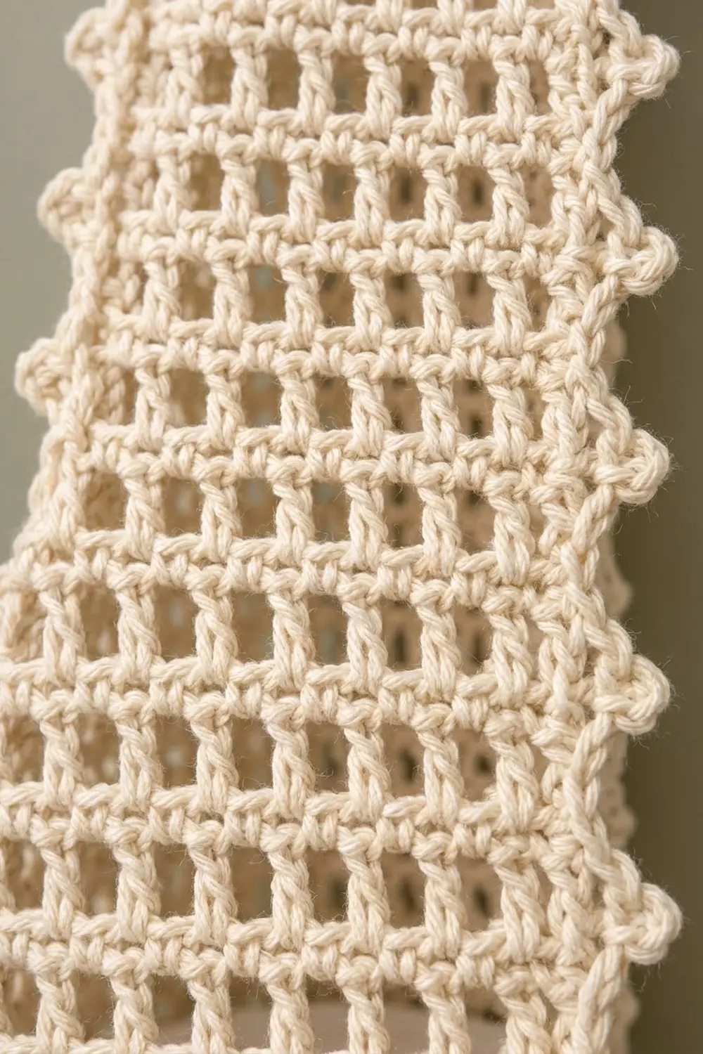 Close-up of cream-colored crocheted fabric with an open lattice pattern and regular mesh holes against a neutral gray backdrop.
