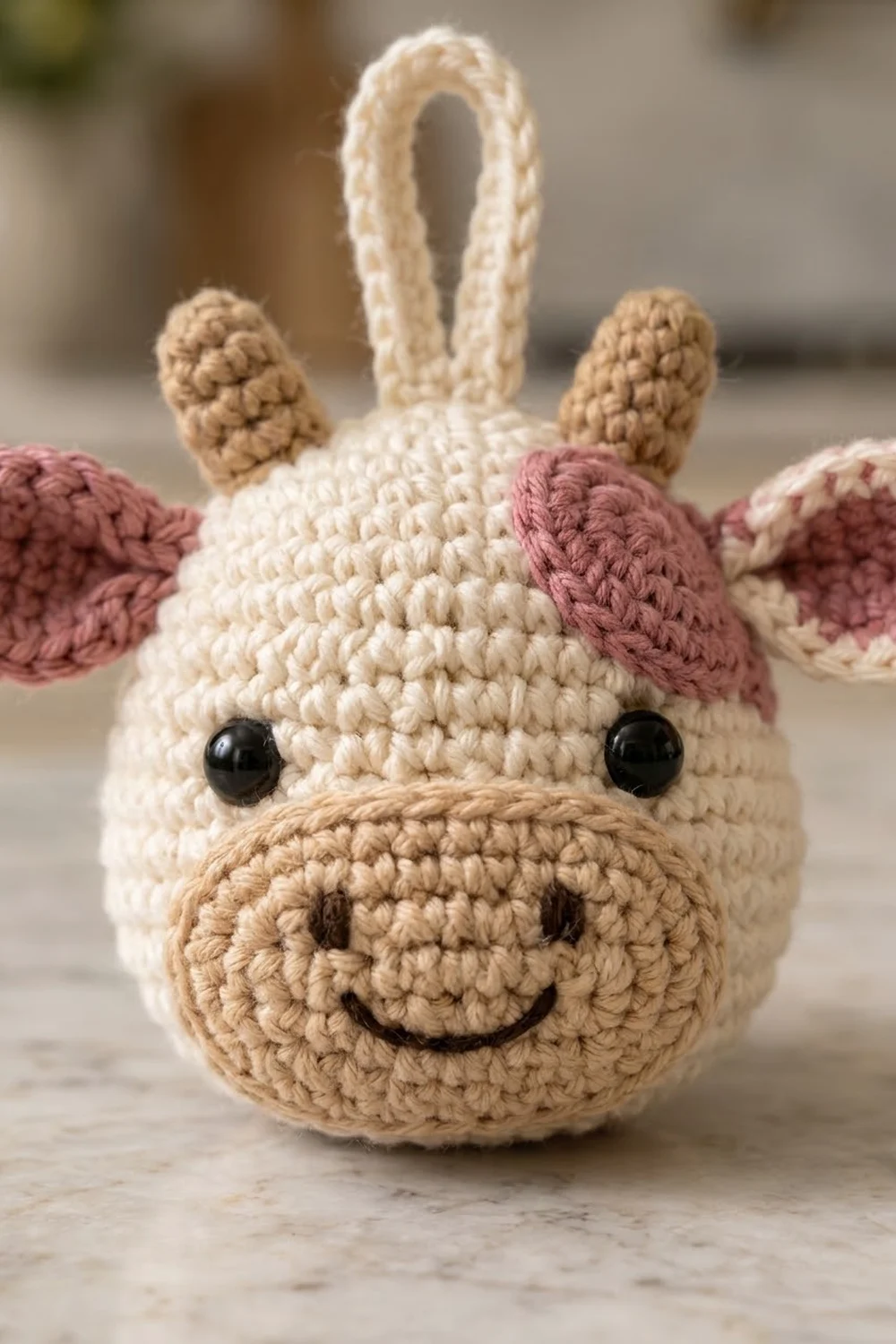Cream crocheted bunny with dusty pink ears and black bead eyes on gray surface.