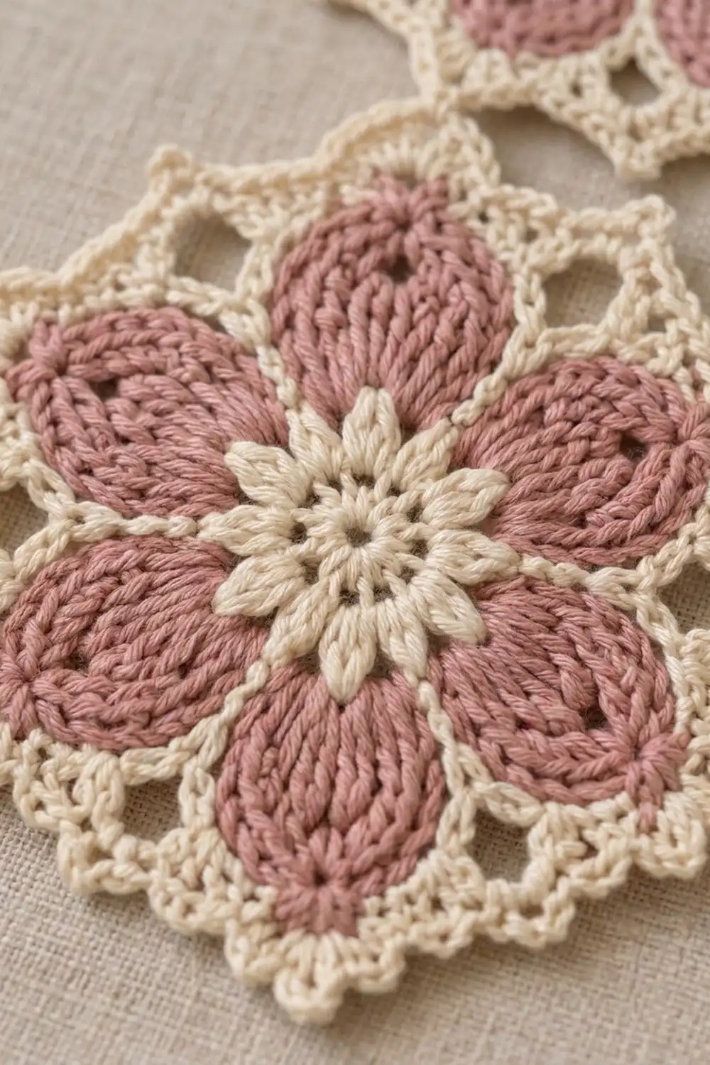 Close-up of dimensional crocheted flowers in mauve and cream with detailed stitching on neutral linen.