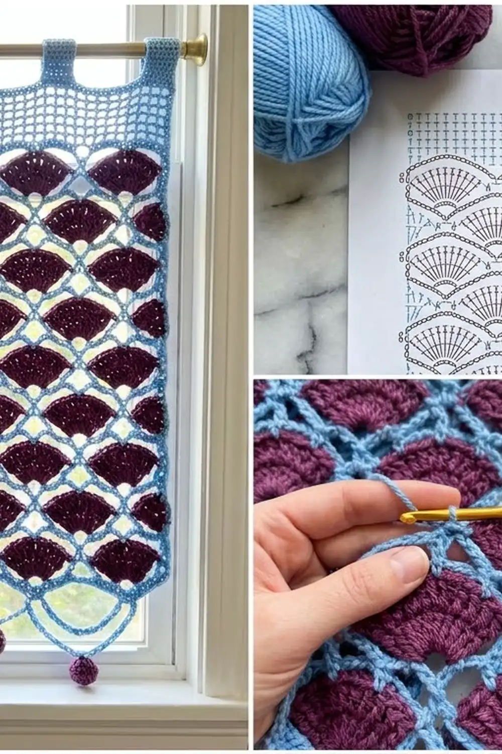 Crocheted shell-pattern textile in pale blue and burgundy displayed in a window with yarn, pattern, and crochet hook in progress.