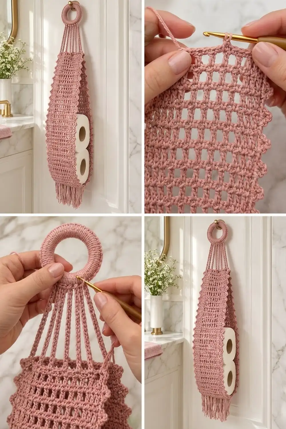 Hands crochet a dusty pink openwork piece with a gold hook, revealing the delicate lacy grid stitch pattern.