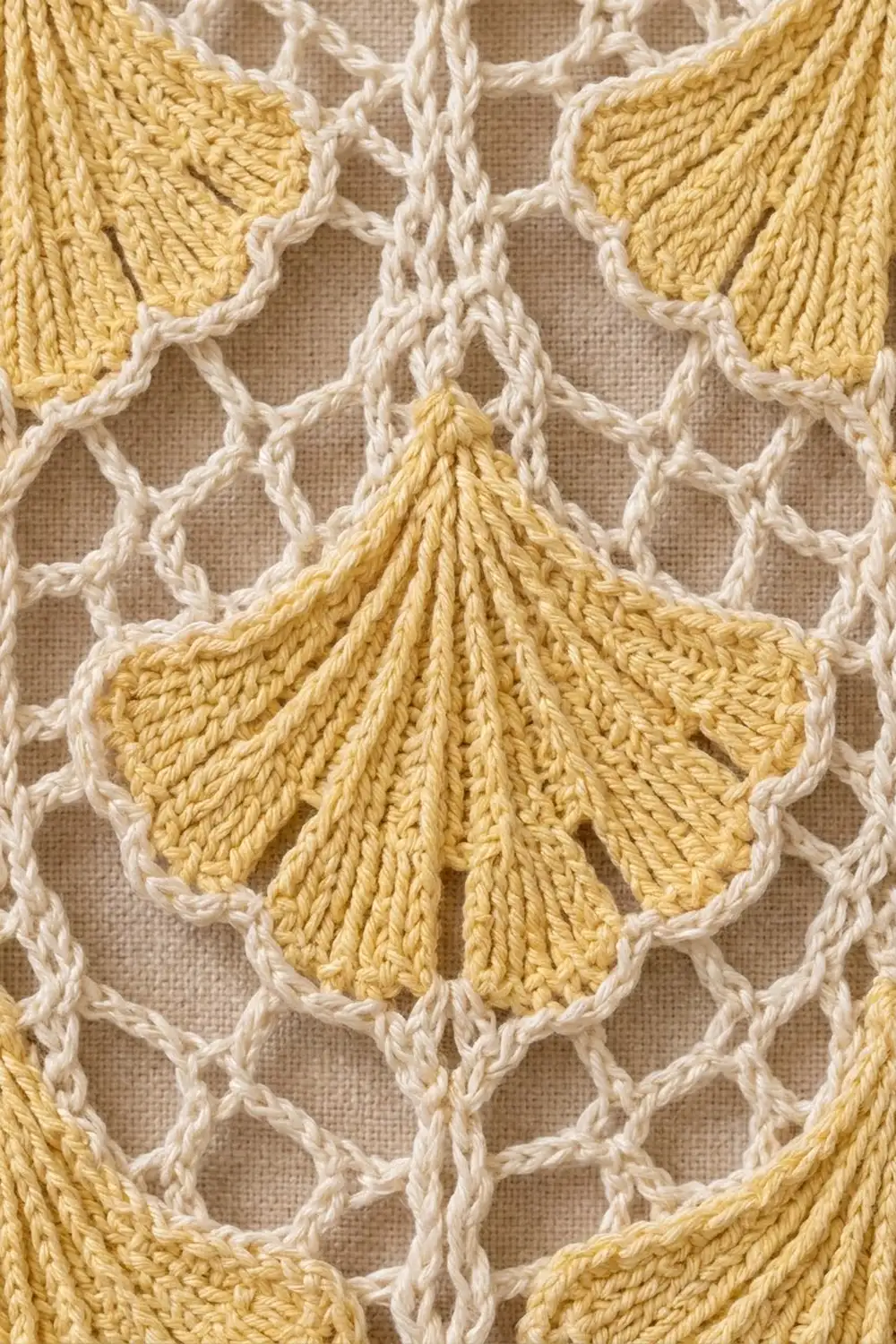 Crocheted detail in mustard yellow and cream showing geometric diamond pattern with lace mesh.