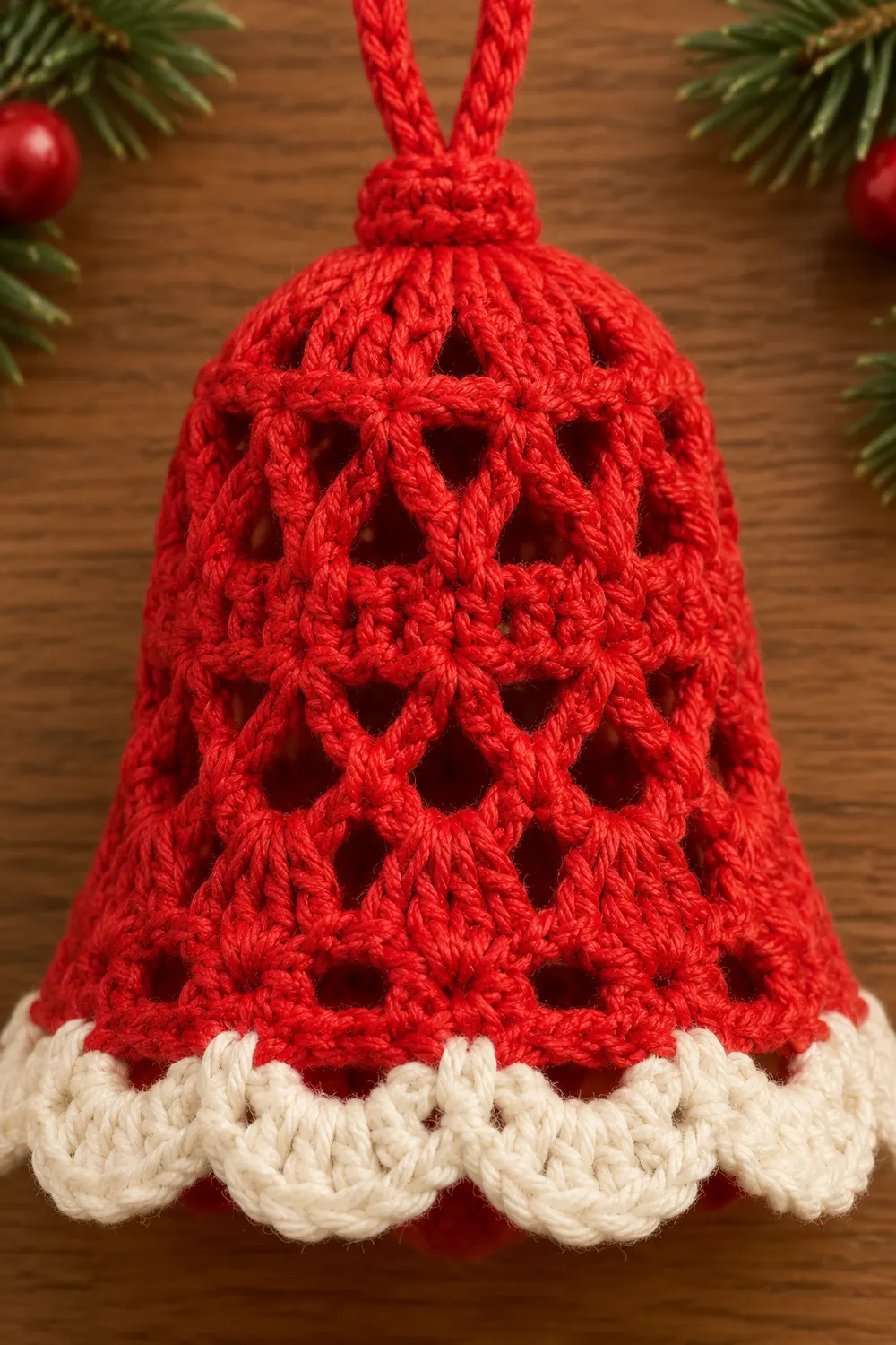 A red crocheted bell ornament with white trim and braided rope hanging loop on a wooden surface.