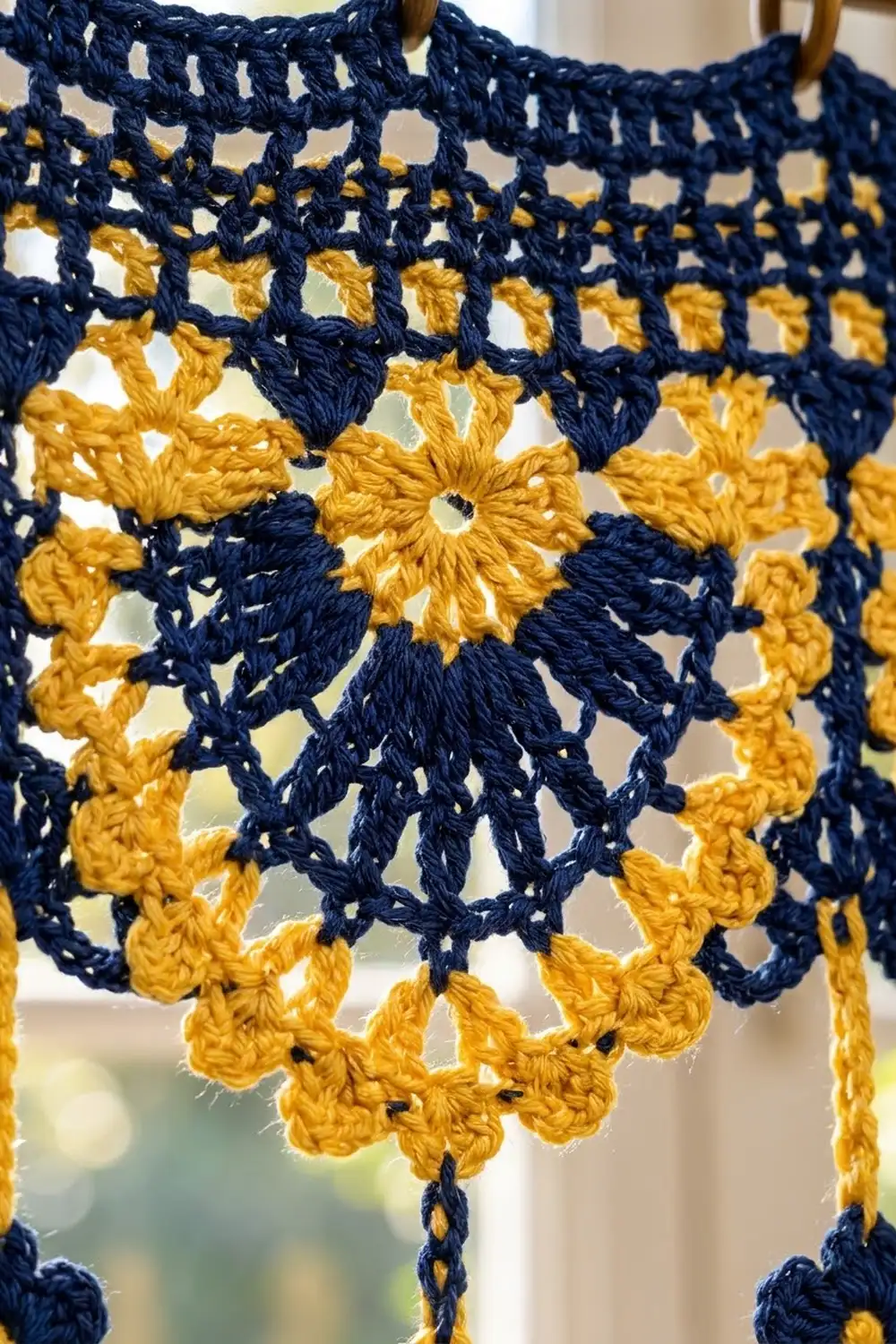 Navy blue and gold crochet textile with textured flower motifs and lacy openwork pattern.