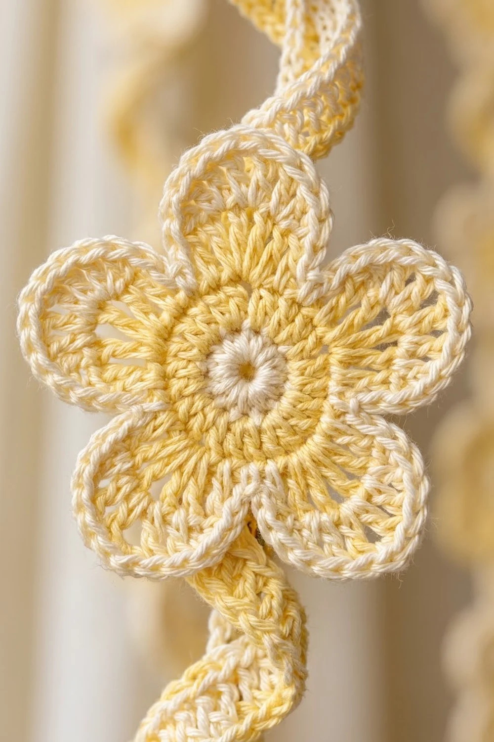 A crocheted four-petal flower in golden yellow and cream with a button center, attached to a yarn cord.
