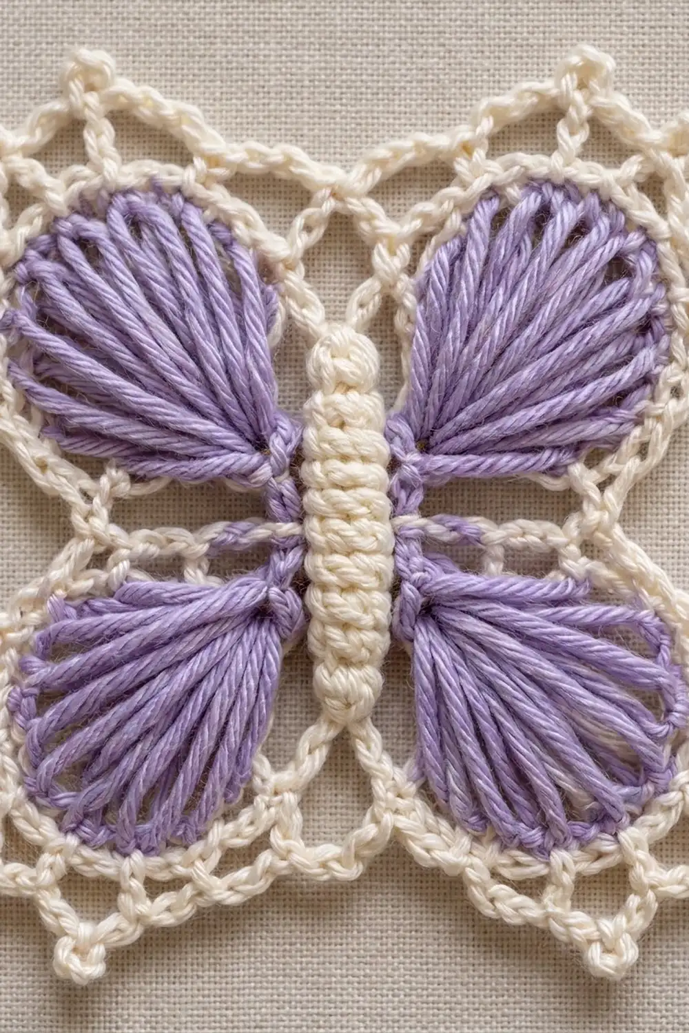 Embroidered lavender butterfly with cream body and scalloped border on natural linen fabric.