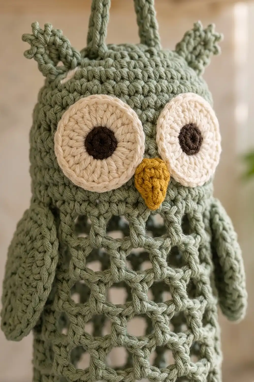 Close-up of a sage-green crocheted owl with cream circular eyes, dark pupils, and a small golden beak.