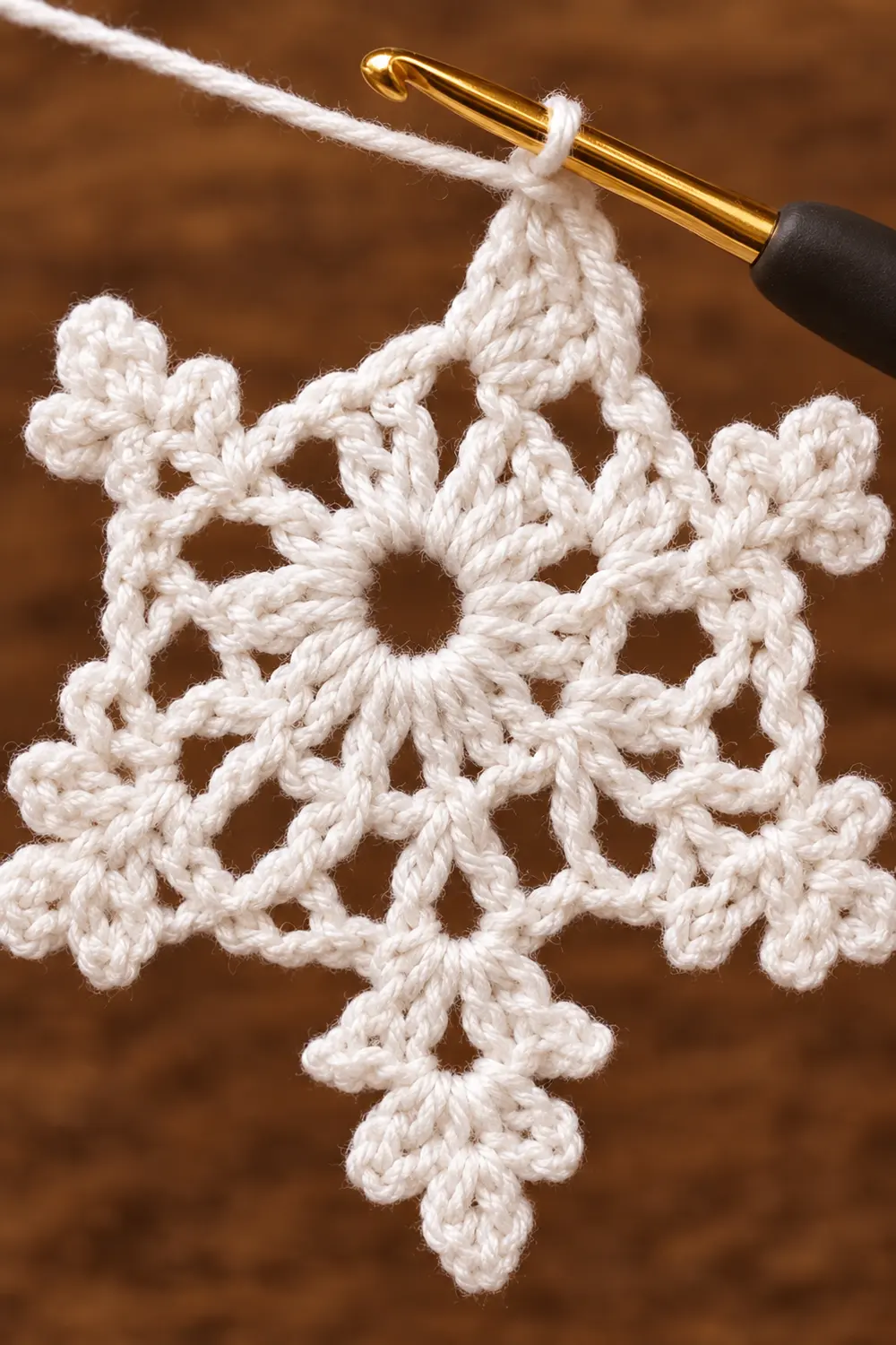 A delicate white crocheted snowflake ornament hangs from a gold crochet hook against a blurred brown background.