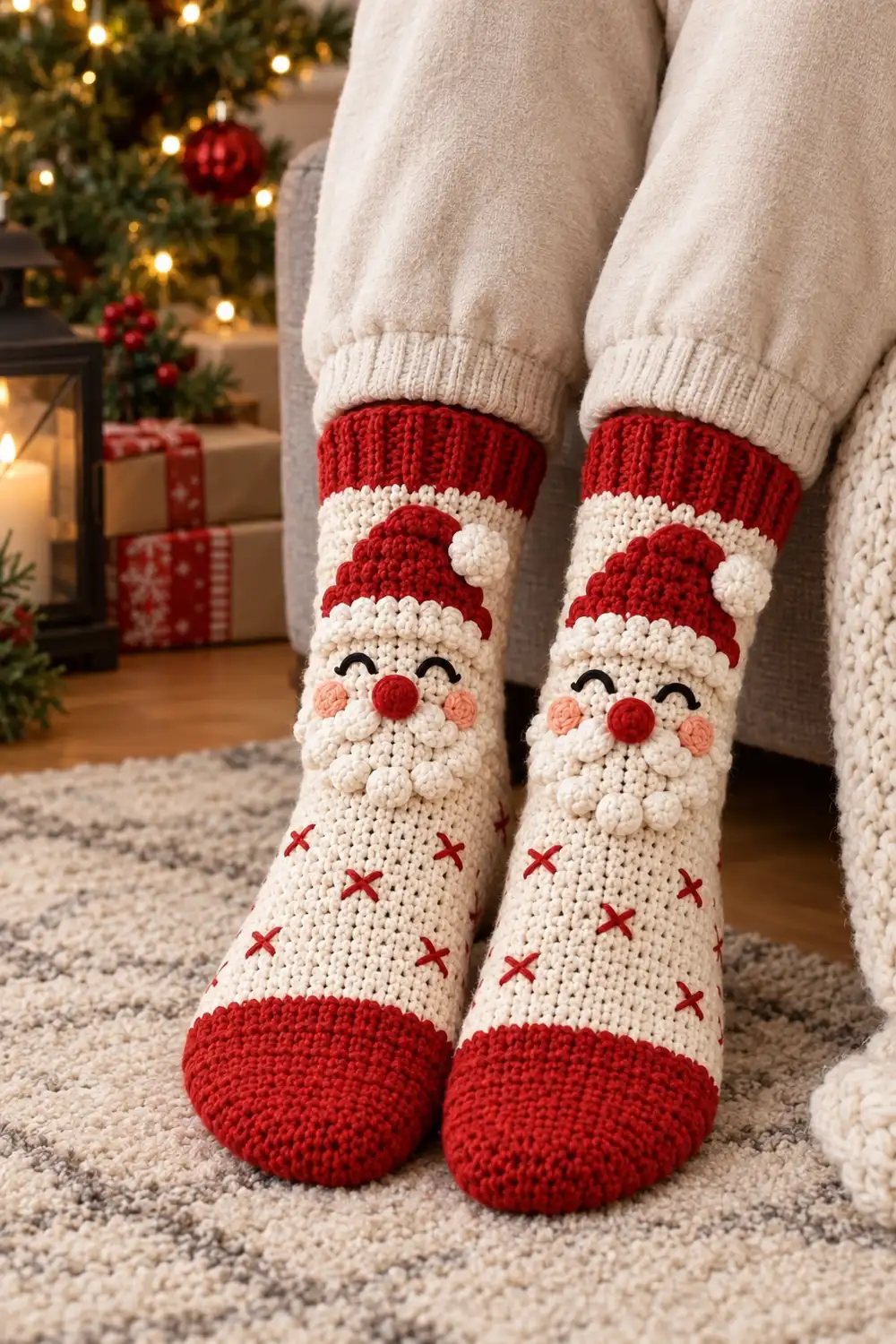 Person wearing red and cream Santa face socks with matching sweater in cozy Christmas living room setting.