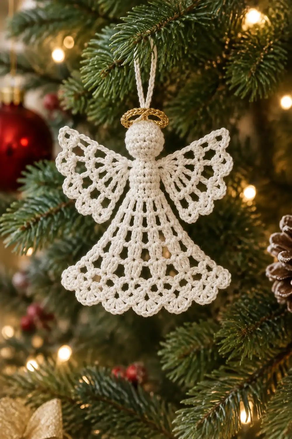 A white crocheted angel ornament with a golden halo hanging from an evergreen branch amid twinkling lights.