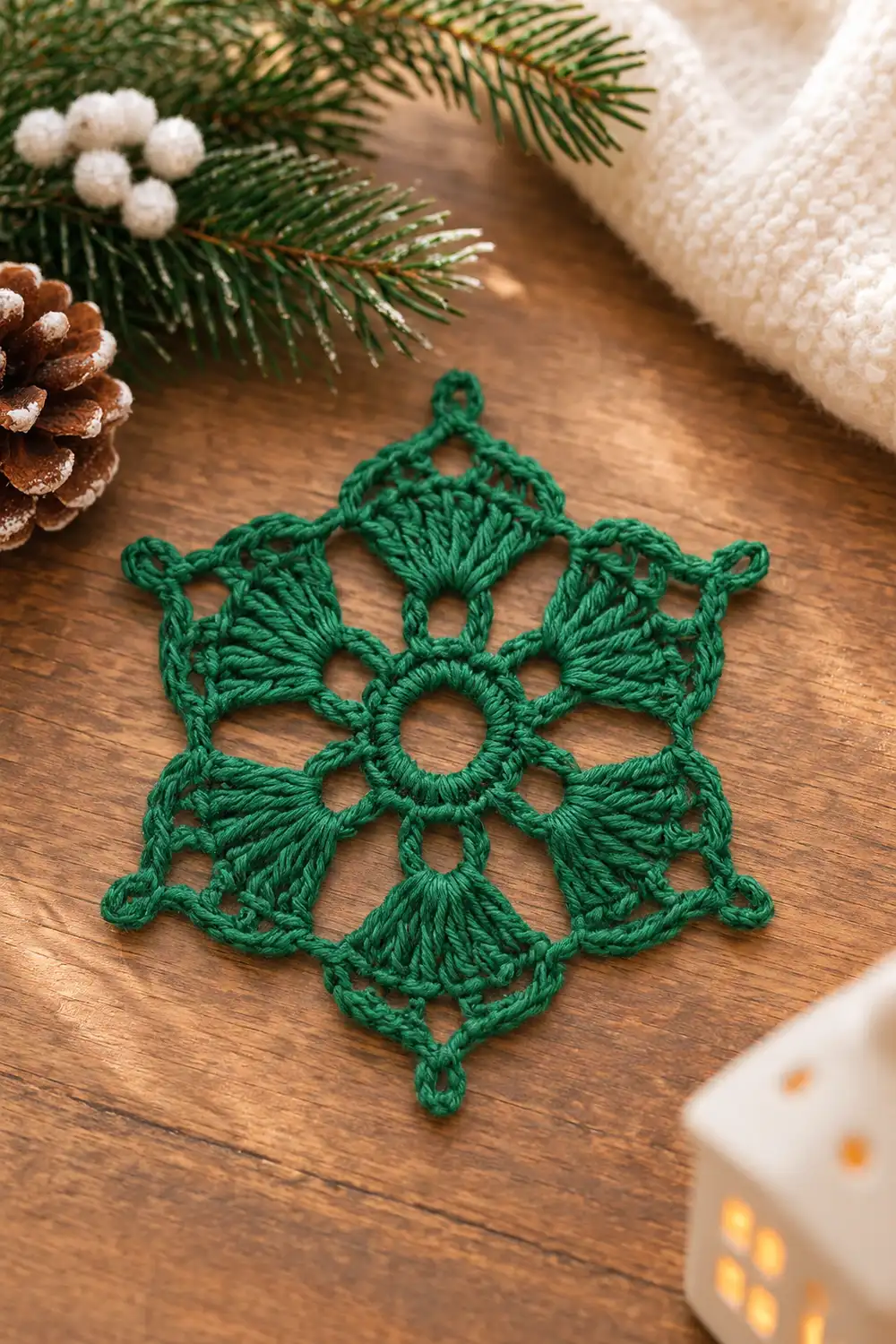 Green crocheted snowflake ornament displayed on wood with evergreen branches and pinecones nearby.