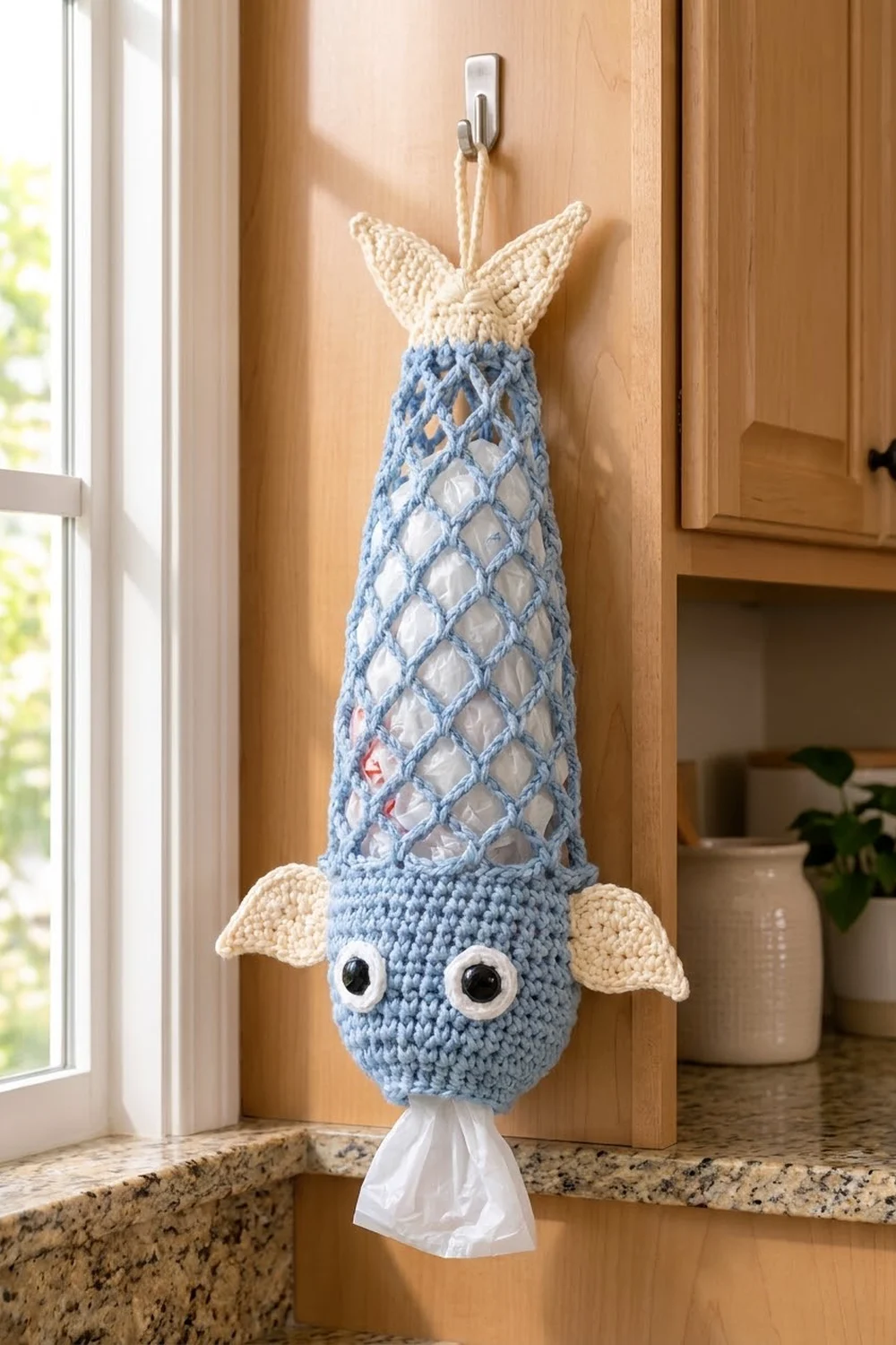 Crocheted blue fish with cream fins and mesh middle hanging from wooden cabinet door, holding plastic bag.