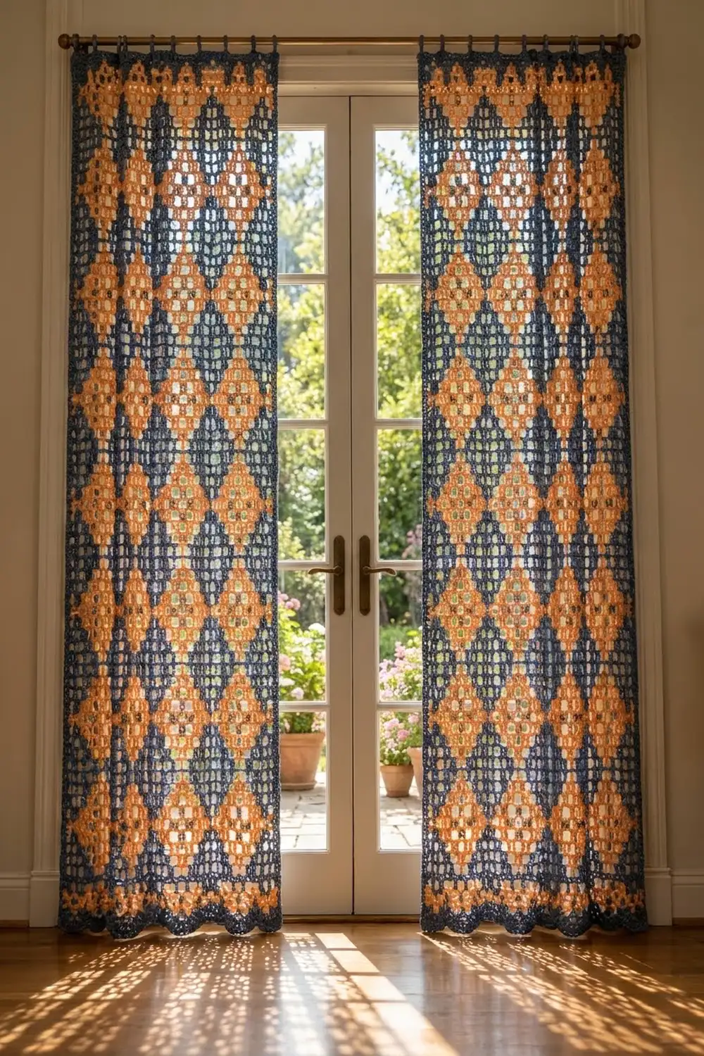 Crocheted lace curtains in navy, orange, and white hang at French doors overlooking a sunlit garden patio.