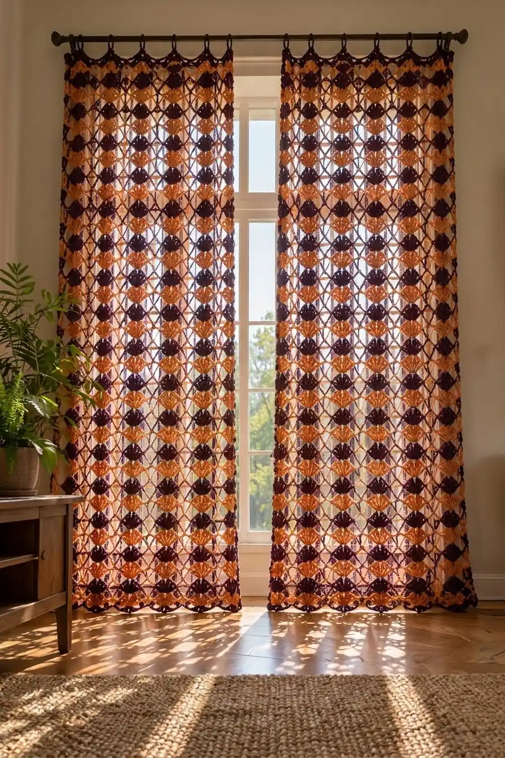 Orange and black patterned curtains with geometric designs hang in front of a sunny window with green potted plants.