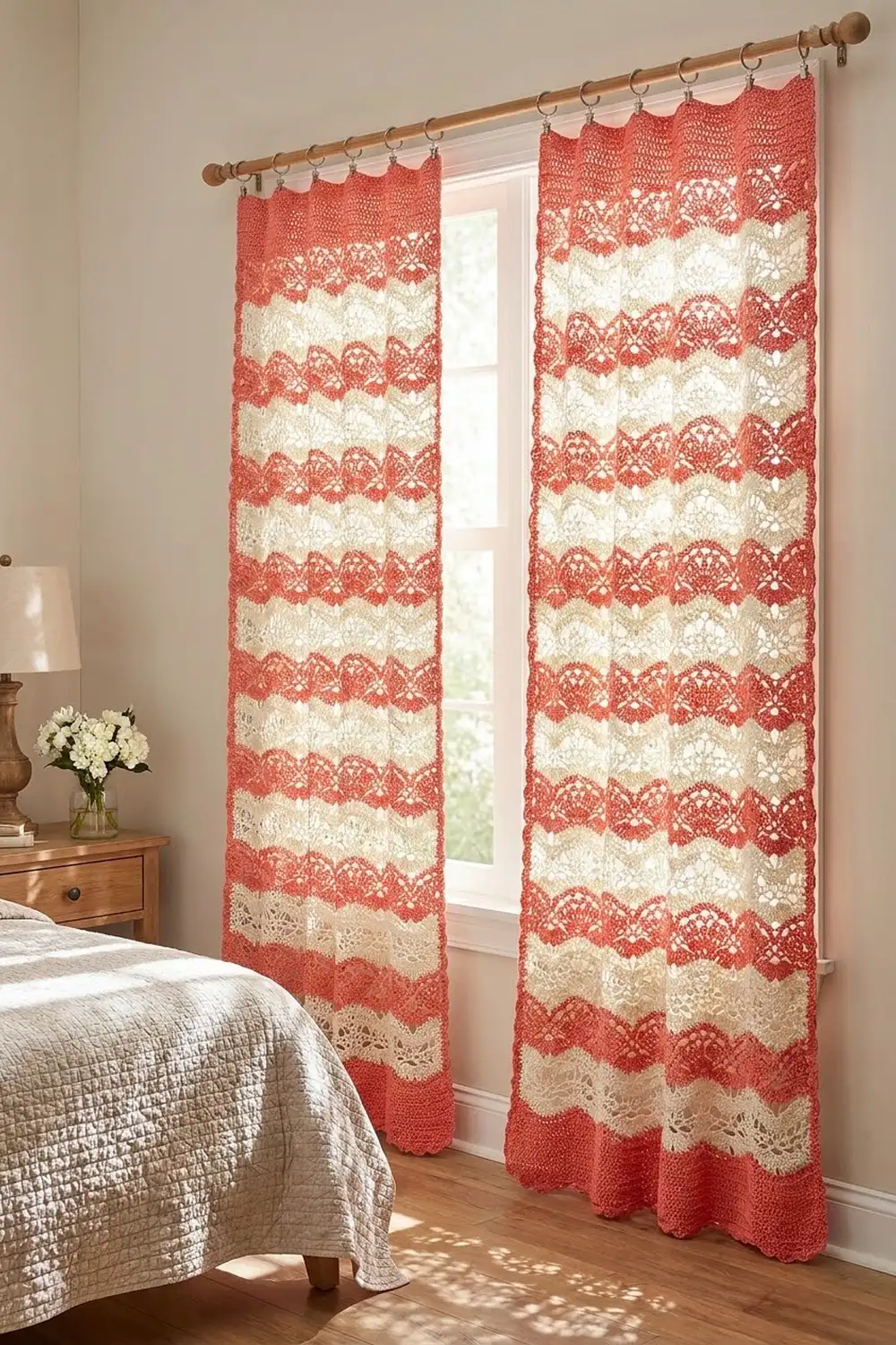 Red and cream lace curtains with delicate scalloped bands hang from a wooden rod framing a bedroom window.