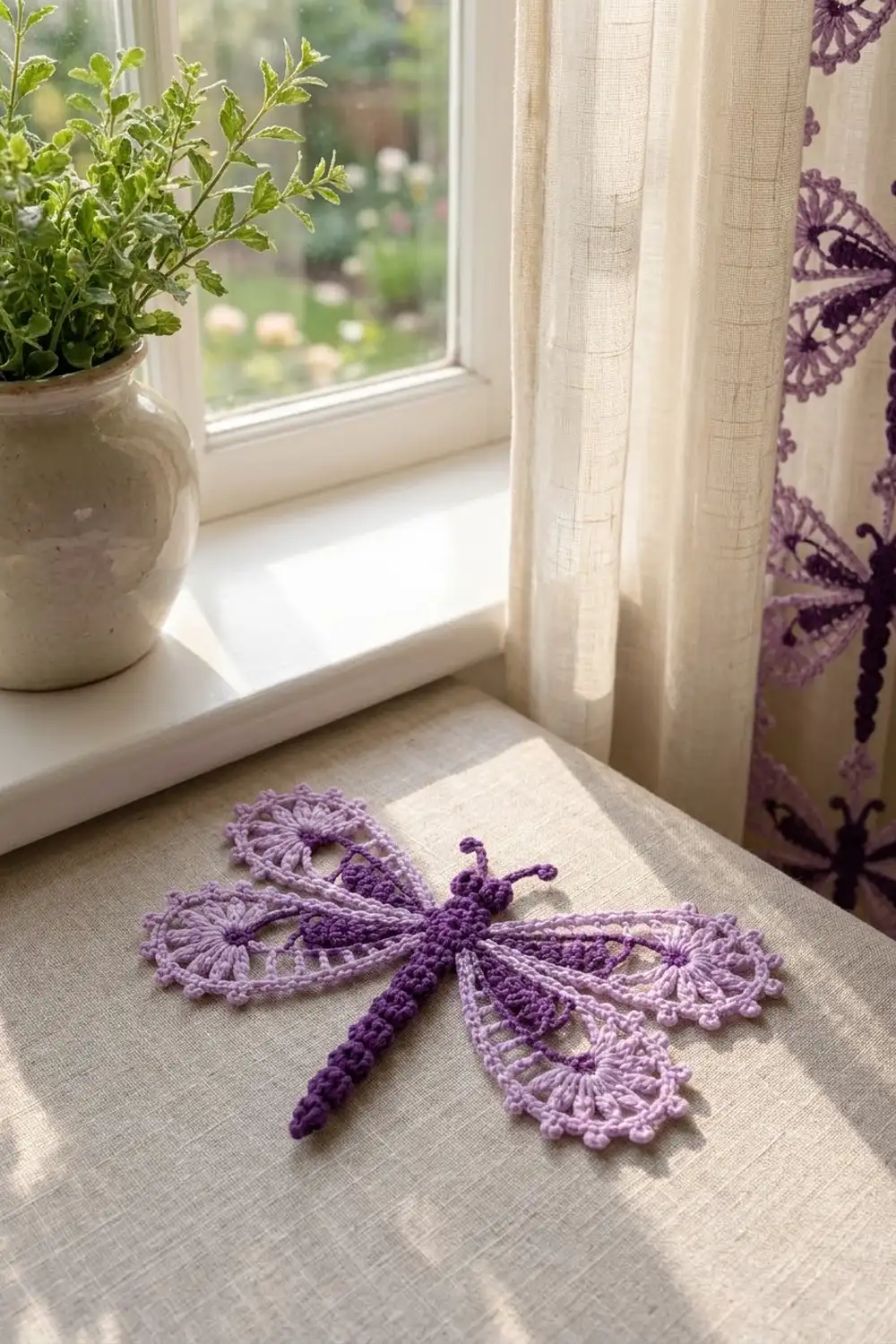 Purple gradient crocheted dragonfly placed on cream linen windowsill with natural light, green plant, and coordinating floral curtain.