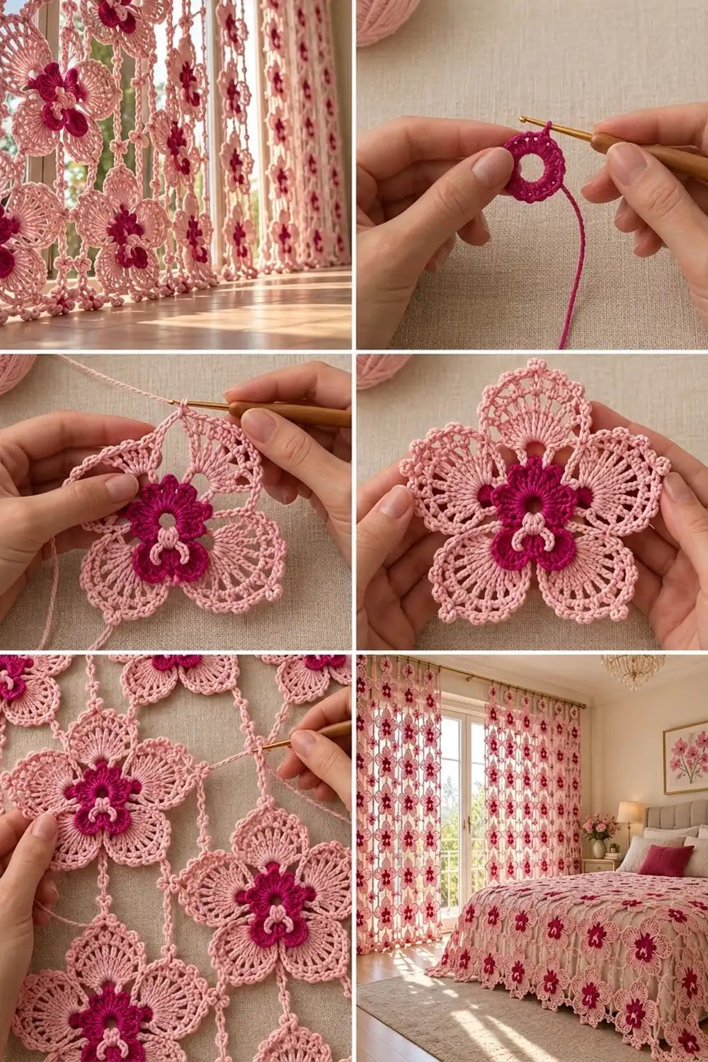 Close-up of hands crocheting pink and red lace flowers assembled into bedroom curtains and bedding.
