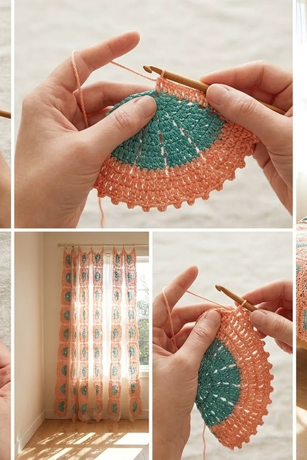 Hands hold a crocheted leaf motif in coral and teal with a wooden hook during active work.