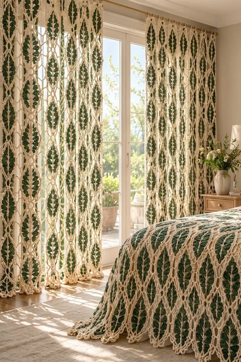 Crocheted leaf-patterned curtains and bedding in cream and green bring botanical style to a sunlit bedroom.