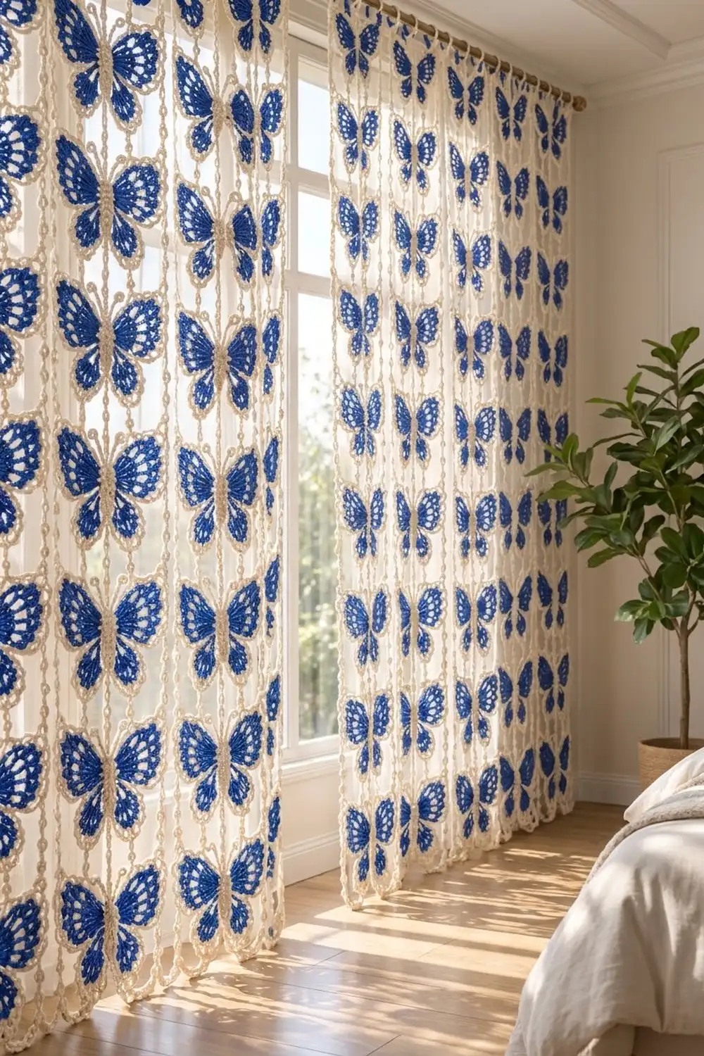 Cream curtains with blue butterfly pattern hang in bright sunlight beside a potted plant and white bedding.