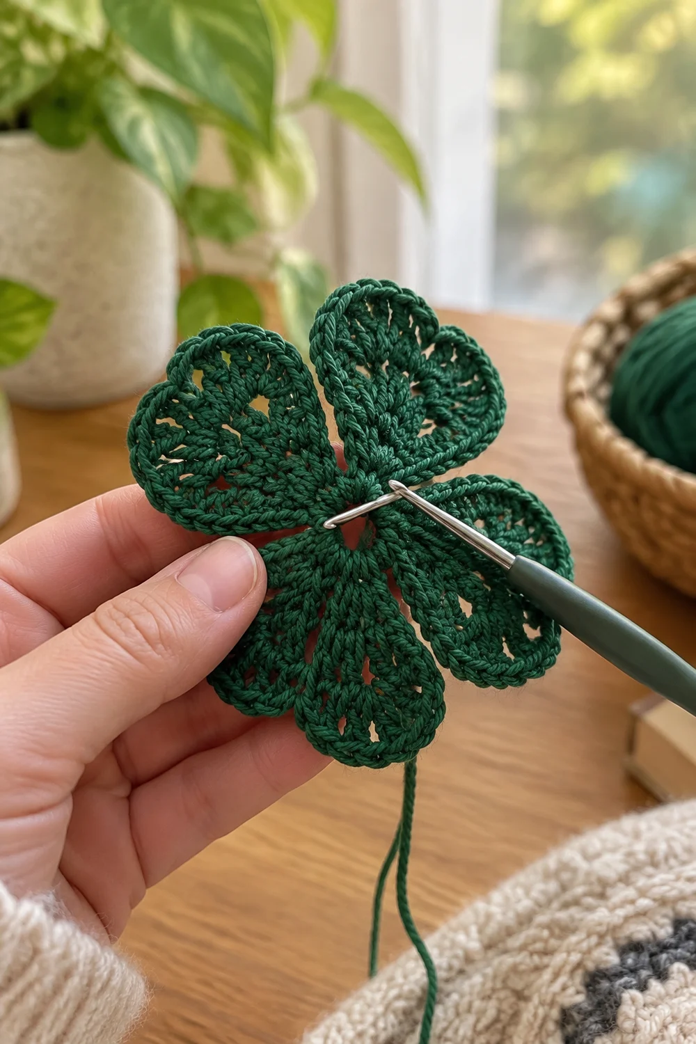 A crocheted four-leaf clover in dark green yarn held in someone's hand with a crochet hook, surrounded by potted plants.