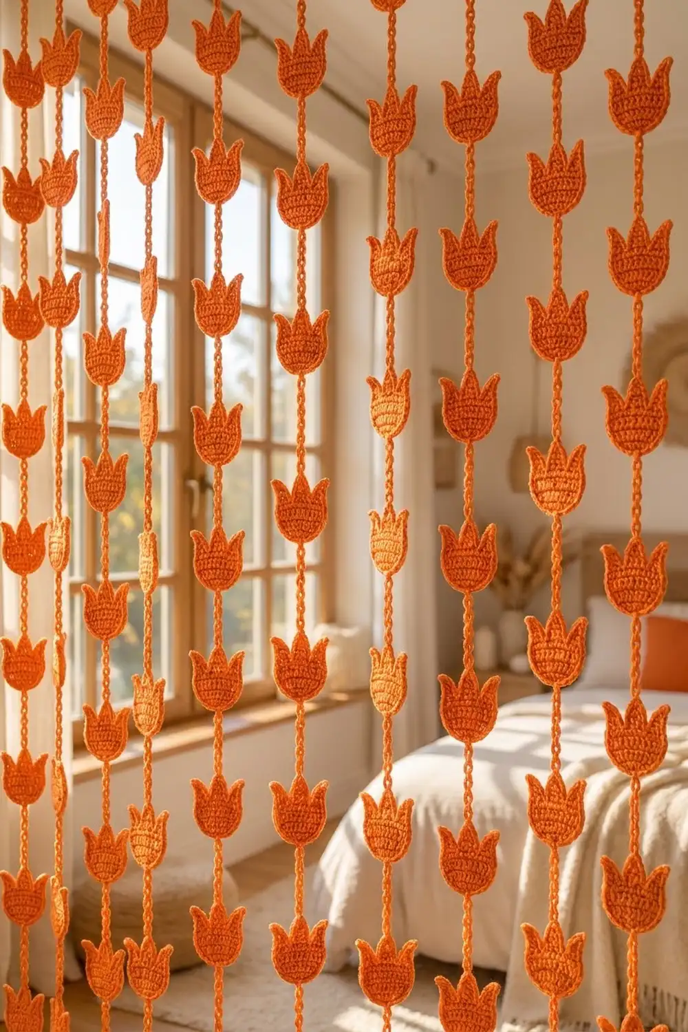 Orange crocheted tulip strings hung as a sheer curtain filtering warm sunlight.