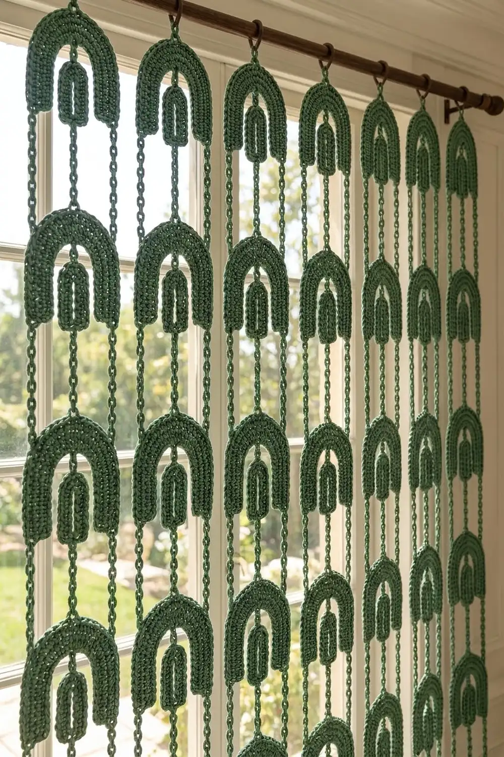 Forest green crocheted arches dangle from chains on a rod, creating an airy wall hanging displayed against a bright window.