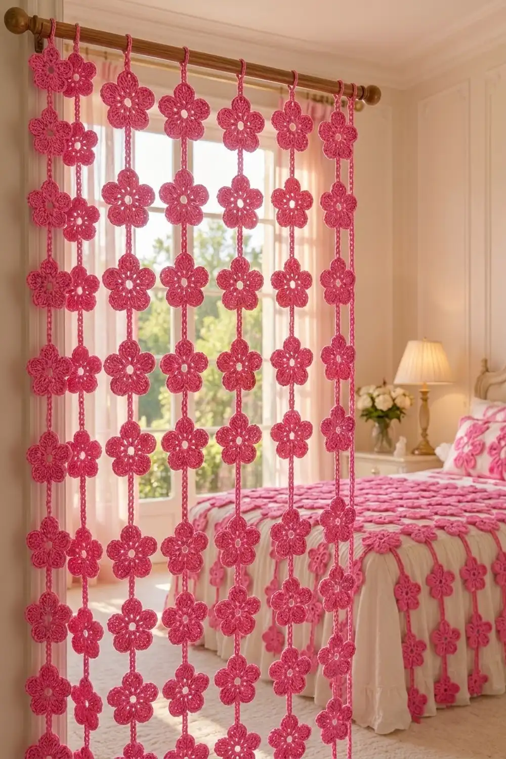 Pink crocheted flower curtain with white centers hanging on wooden rod in bright, white minimalist bedroom.