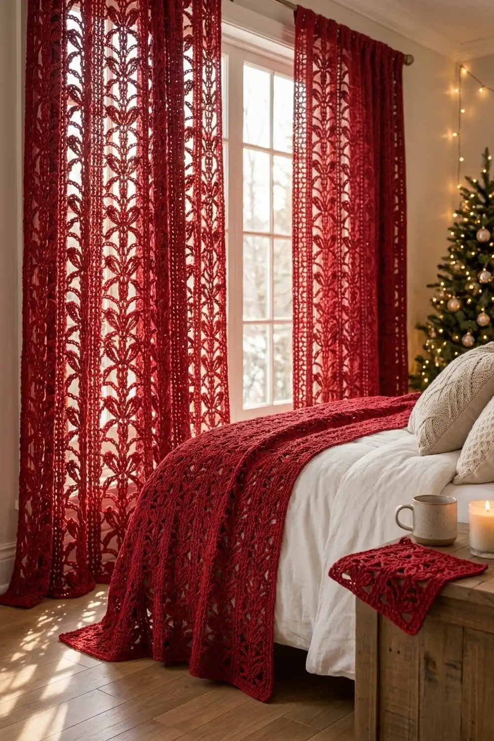Deep red crocheted lace curtains and matching throw blanket adorn a bedroom with white bedding and warm holiday decor.