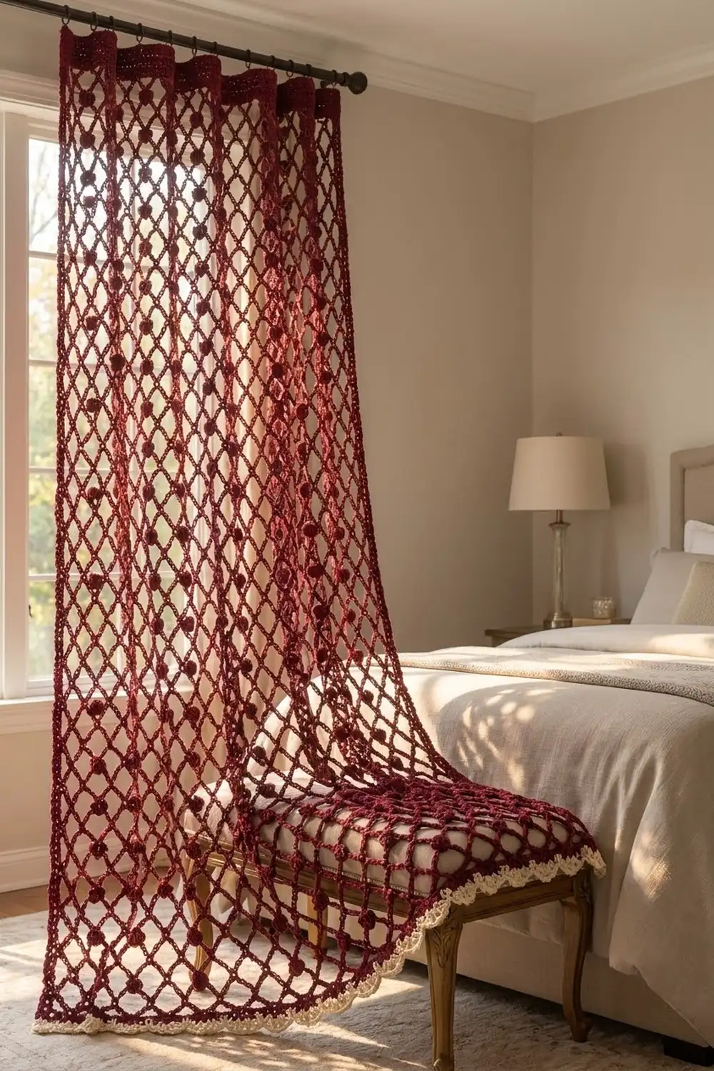 Wine-red crochet curtain with openwork diamond pattern and cream trim hanging on a rod beside a sunlit bedroom window.