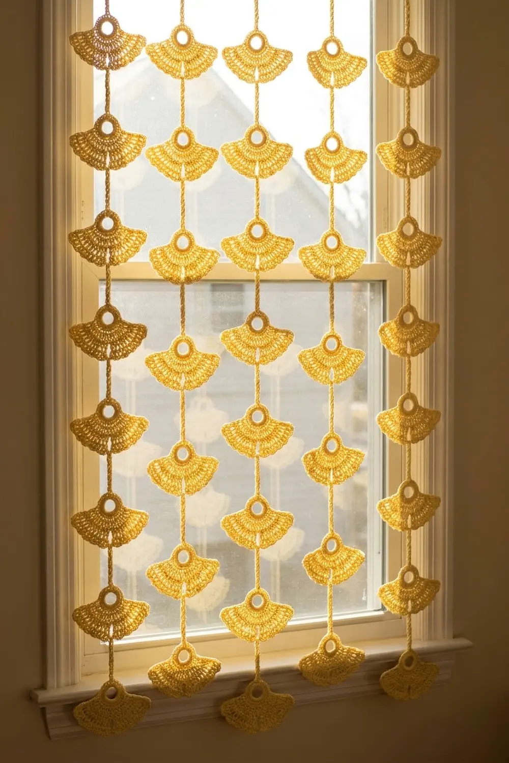 Golden crocheted fan motifs hang in vertical strands across a window, creating delicate shadows in daylight.