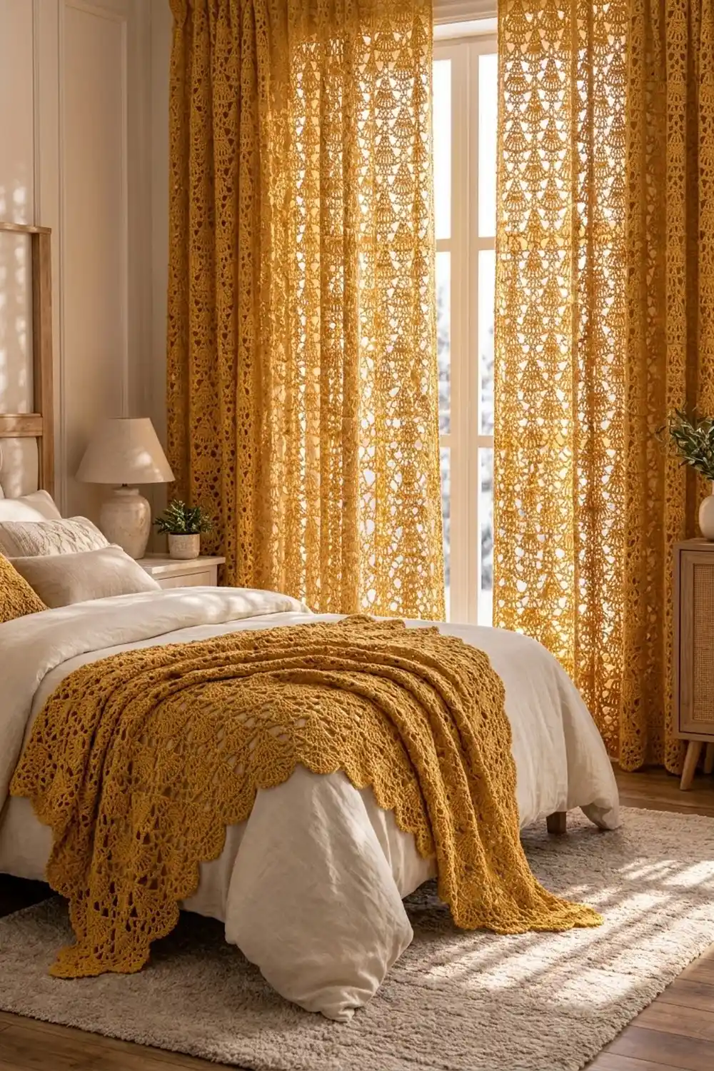 Golden crocheted blanket with lace pattern draped over a bed, coordinating with matching window curtains in a neutral bedroom.
