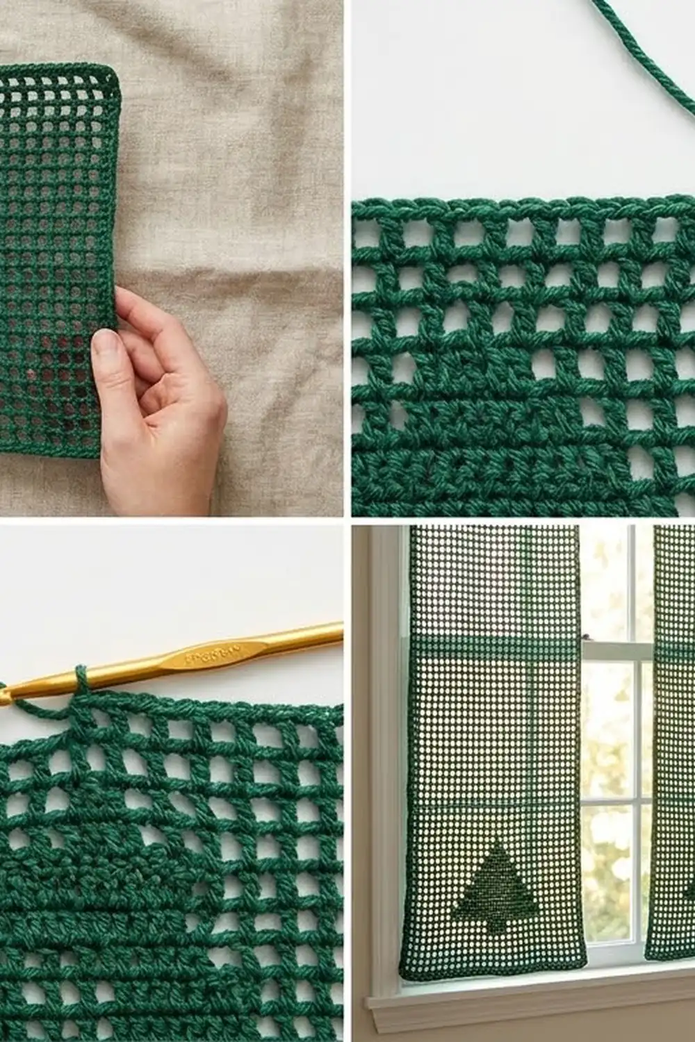 Collage of green crocheted window covering featuring stitch details, hands holding work, crochet hook, and finished piece hanging in window.