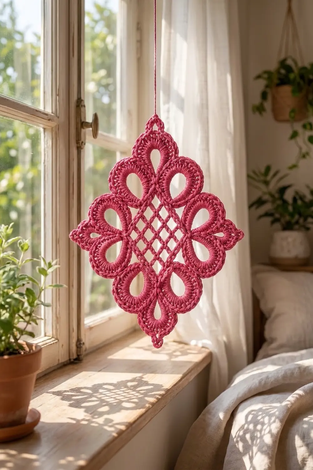 Pink crocheted lace ornament with teardrop motifs hanging in a sunlit window beside potted plants and white curtains.