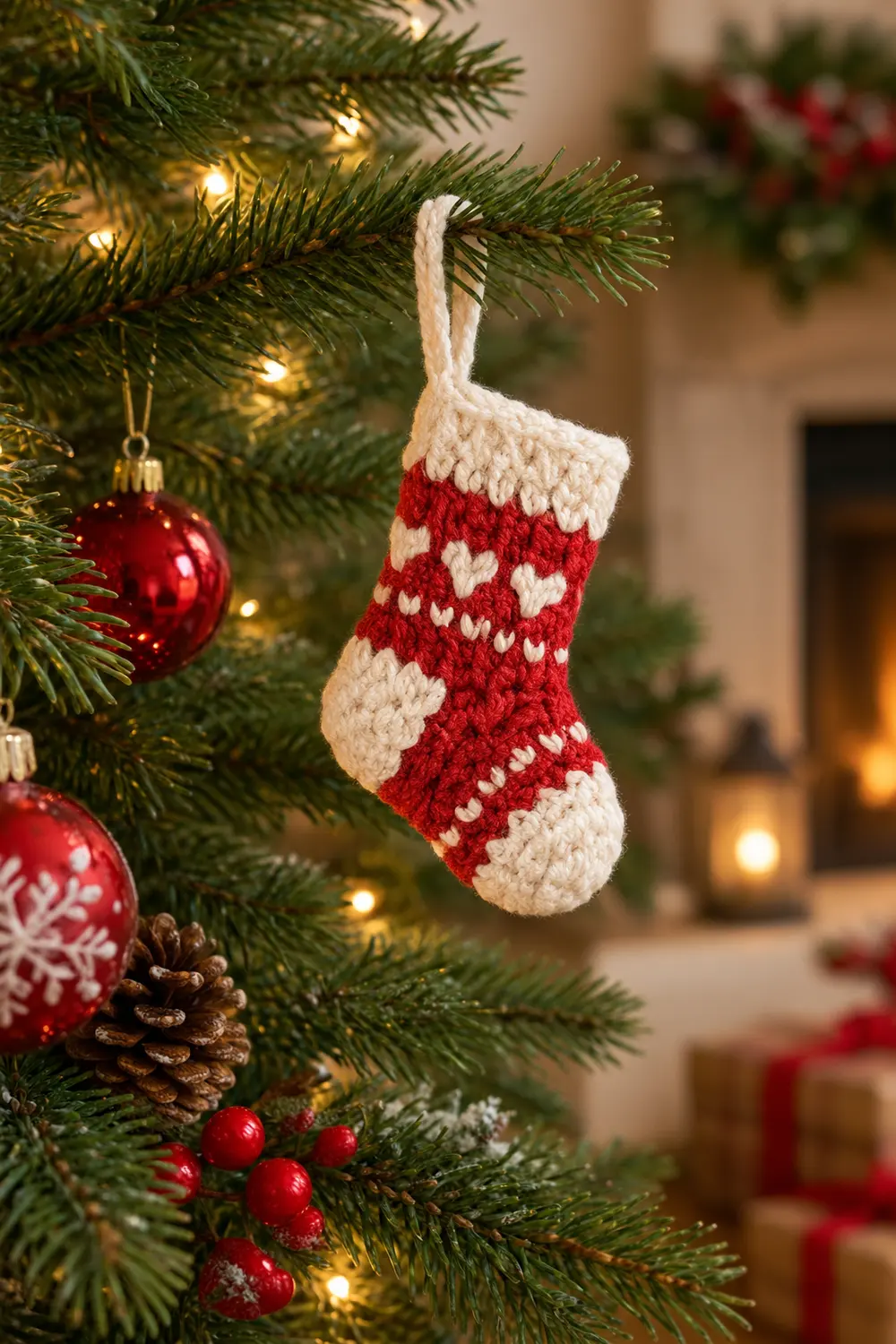A red and cream crocheted Christmas stocking ornament hangs from an evergreen branch among lights and baubles.