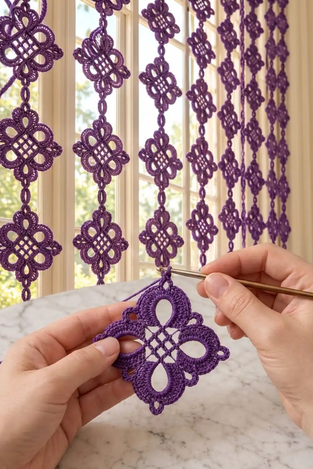 Deep purple tatted lace ornaments with geometric cutouts hang in bright window light, one held in delicate hands.