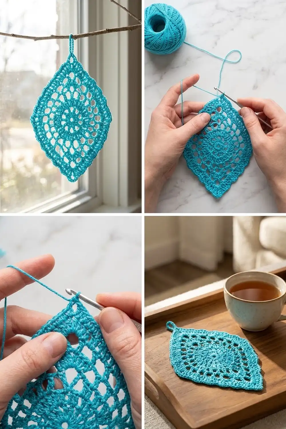 Teal crocheted leaf doily displayed hanging from a branch, being held, and styled beside a teacup on a wooden tray.