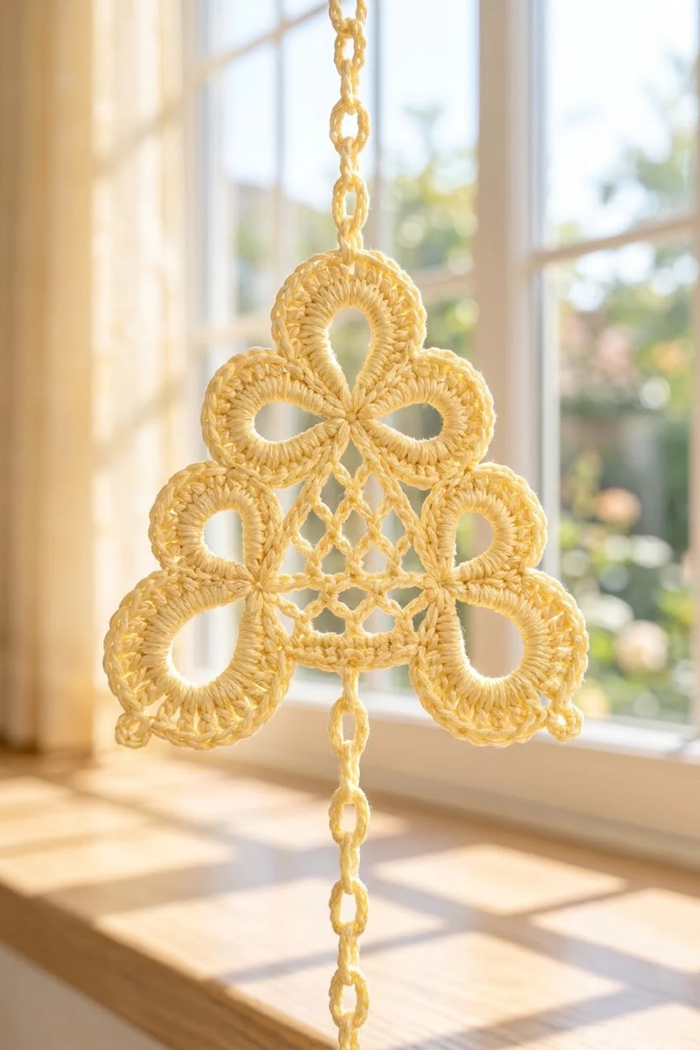 Pale golden crocheted lace ornament featuring symmetrical looped petals hangs in bright window with garden view.