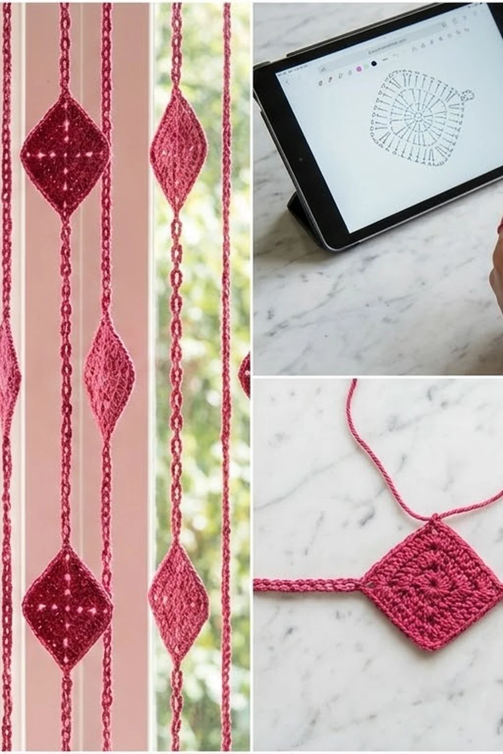 Burgundy crocheted diamond pendants styled hanging indoors with crochet pattern displayed on tablet and pendant close-up.