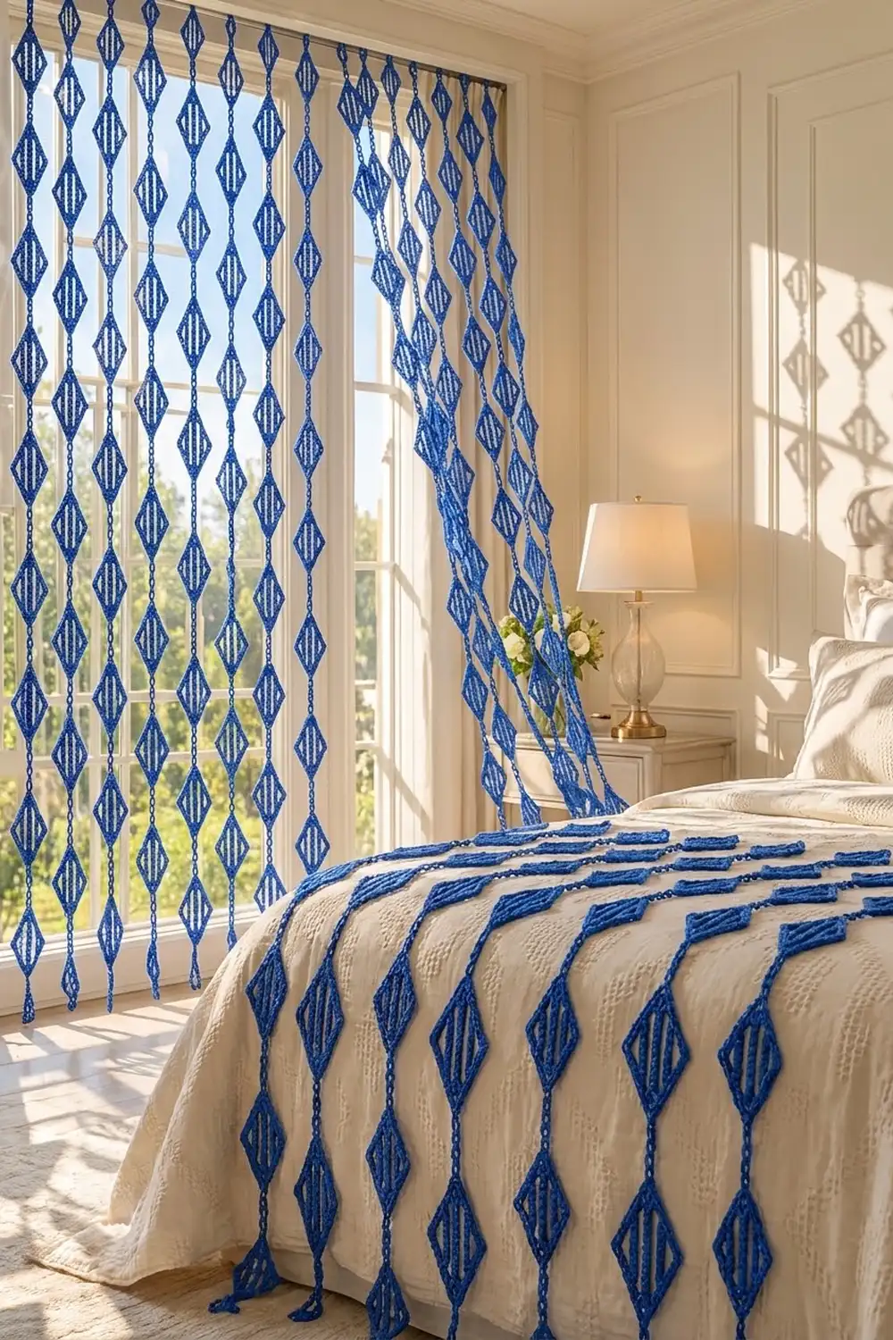 Handmade blue and cream crocheted diamond-patterned fabric serves as both window curtains and bed coverlet in a sunlit bedroom.